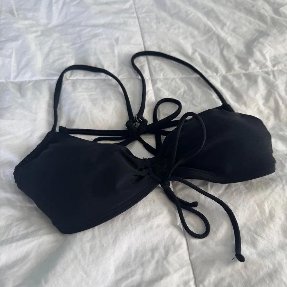 Hollister Cinched Black Bikini Top XS Tie Back Adjustable Straps Ruched Swim